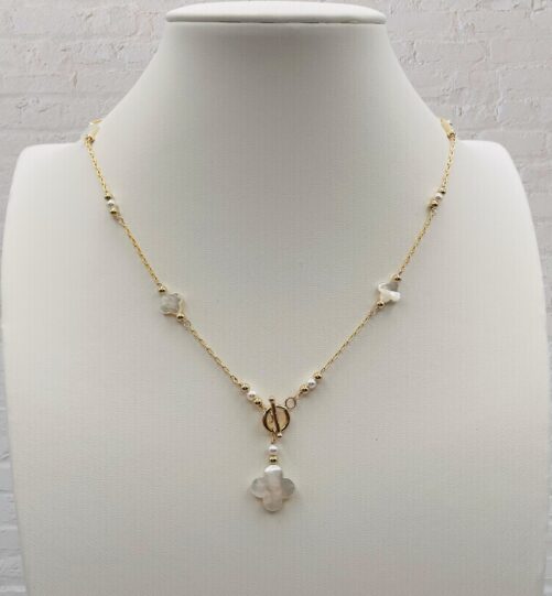 Petite Mother of Pearl Clover and Gold Necklace N2498