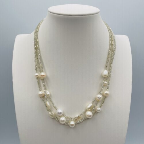 Triple Strand Pearl and Crystal Necklace N2729