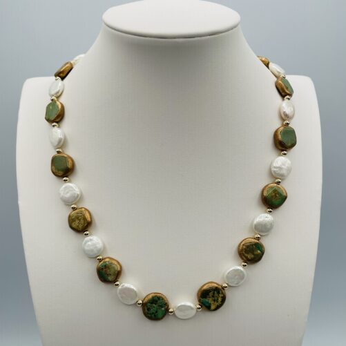 White Coin Pearl and Green Turquoise Stone Necklace N0554