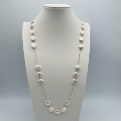 White Coin Pearl and Gold Chain Pearl Necklace N1237