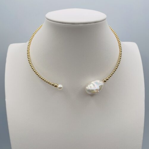 White Baroque Pearl and Gold Cuff Necklace N2194