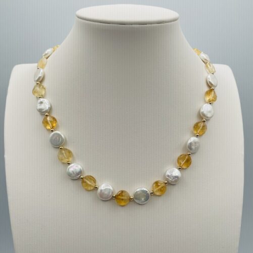 White Coin Pearl and Citrine Necklace N2571