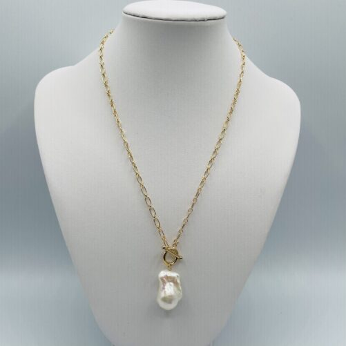 White Baroque Pearl Drop on Gold Chain N2585