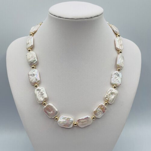 Unique White Rectangle Pearl and Gold Necklace N2586