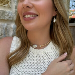 White Baroque Pearl and Gold Cuff Necklace N2194