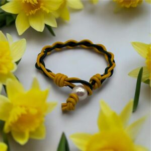 Yellow and Green Daffodil Leather and Pearl Bracelet B241